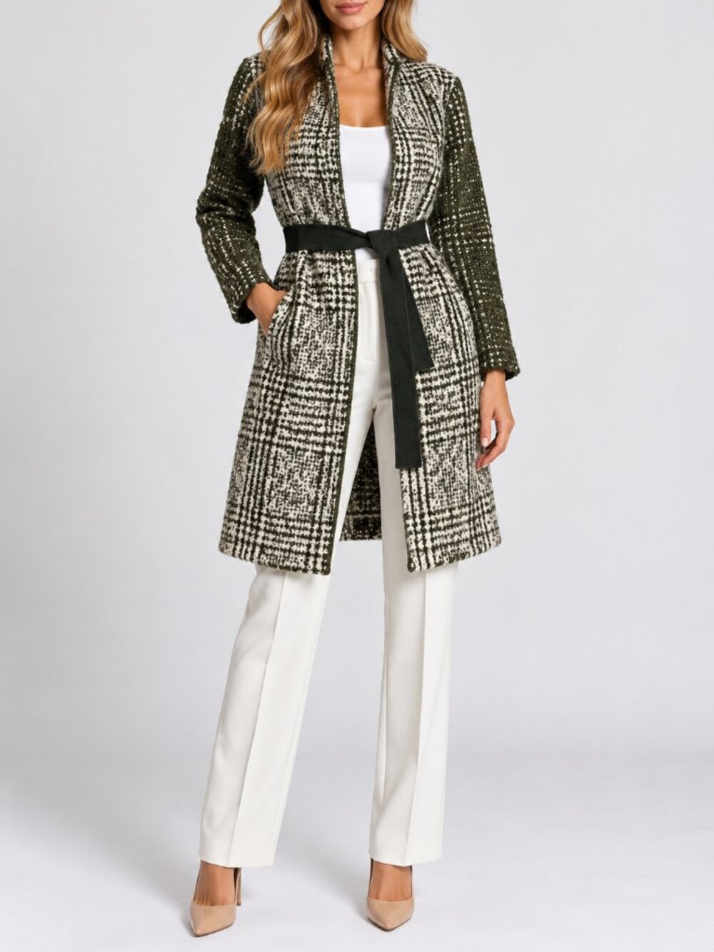 Piazza Sempione Women's Coat Green Wool Belted Open Front SZ 48 EU NWT